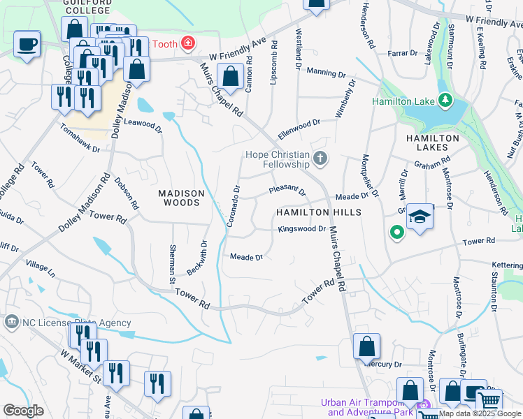 map of restaurants, bars, coffee shops, grocery stores, and more near 4904 Kingswood Drive in Greensboro