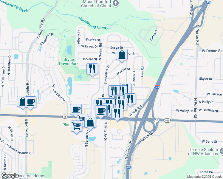 map of restaurants, bars, coffee shops, grocery stores, and more near 3230 West Montrail Place in Fayetteville