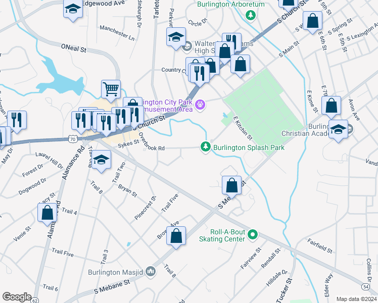 map of restaurants, bars, coffee shops, grocery stores, and more near 1424 Overbrook Road in Burlington