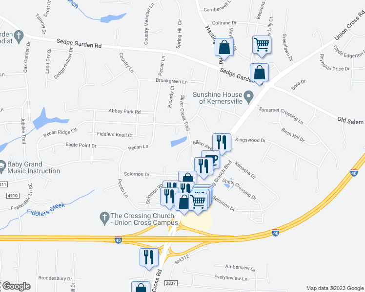 map of restaurants, bars, coffee shops, grocery stores, and more near 975 Biloxi Avenue in Kernersville