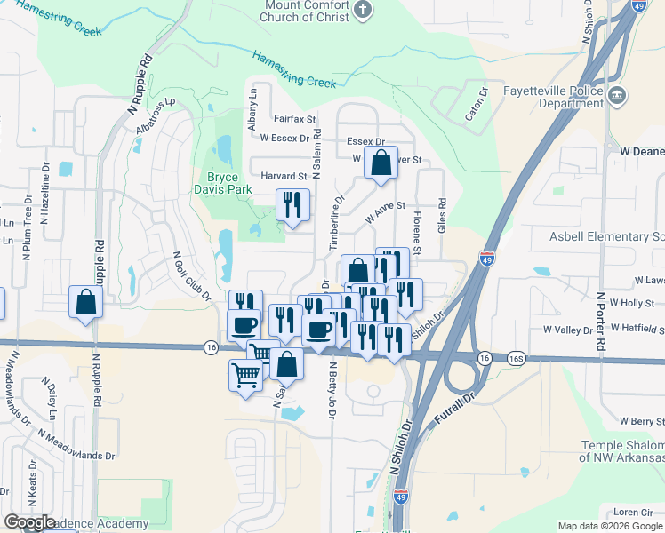map of restaurants, bars, coffee shops, grocery stores, and more near 3241 West Montrail Place in Fayetteville