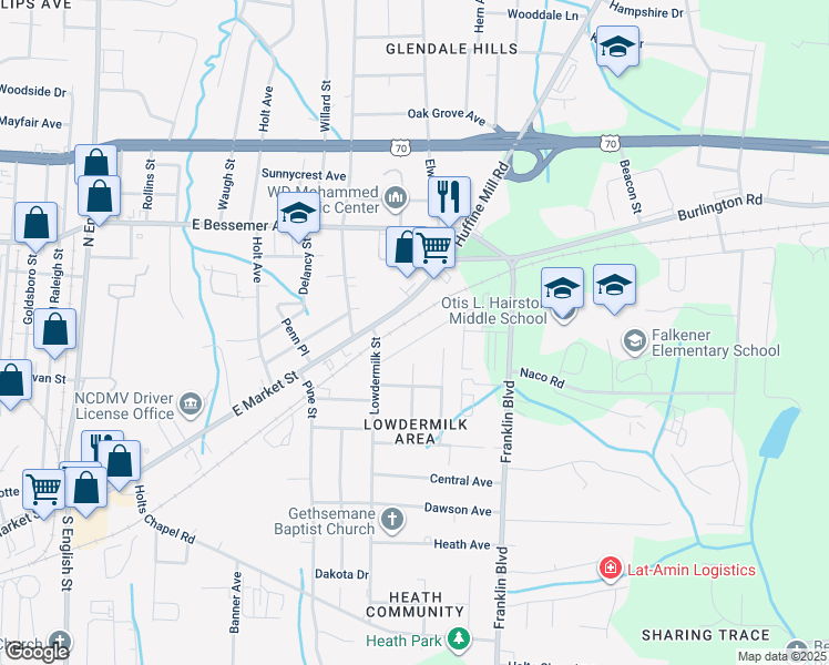 map of restaurants, bars, coffee shops, grocery stores, and more near 3710 Cameron Avenue in Greensboro
