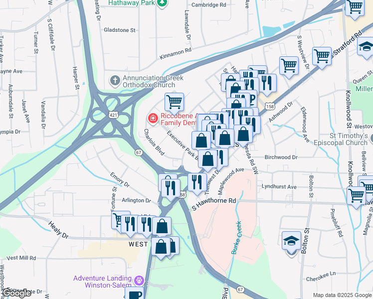 map of restaurants, bars, coffee shops, grocery stores, and more near 460 Mall Boulevard in Winston-Salem