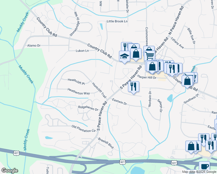 map of restaurants, bars, coffee shops, grocery stores, and more near 5100 Huntcliff Trail in Winston-Salem