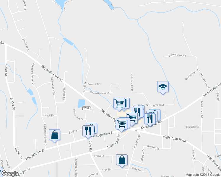 map of restaurants, bars, coffee shops, grocery stores, and more near 99 Salem Gardens Drive in Winston-Salem