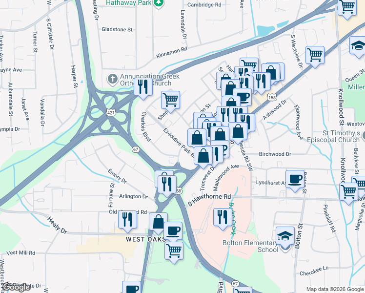 map of restaurants, bars, coffee shops, grocery stores, and more near 460 Mall Boulevard in Winston-Salem