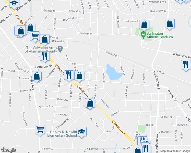 map of restaurants, bars, coffee shops, grocery stores, and more near 1209 Queen Ann Street in Burlington