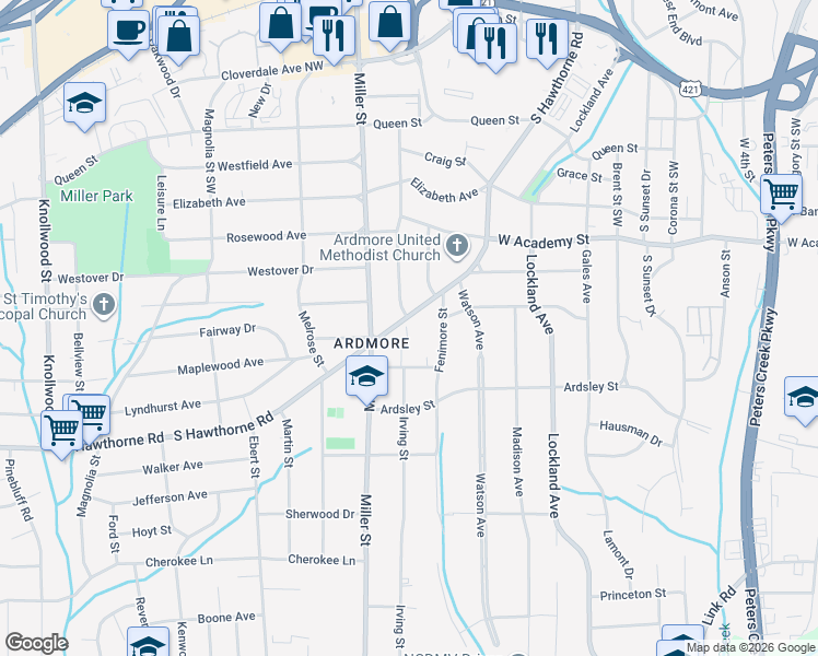 map of restaurants, bars, coffee shops, grocery stores, and more near 670 Irving Street in Winston-Salem