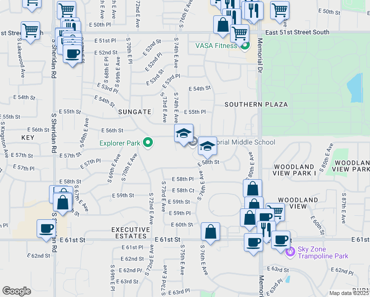 map of restaurants, bars, coffee shops, grocery stores, and more near 7502 East 57th Street in Tulsa