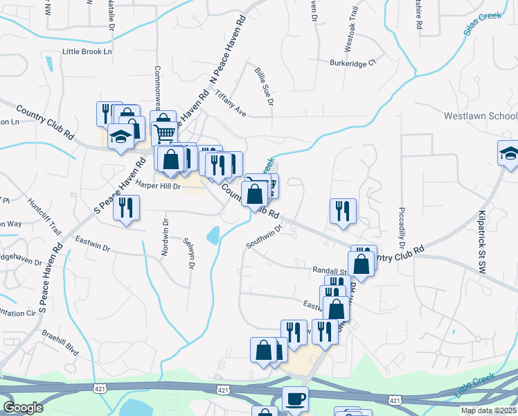 map of restaurants, bars, coffee shops, grocery stores, and more near 4826 Country Club Road in Winston-Salem