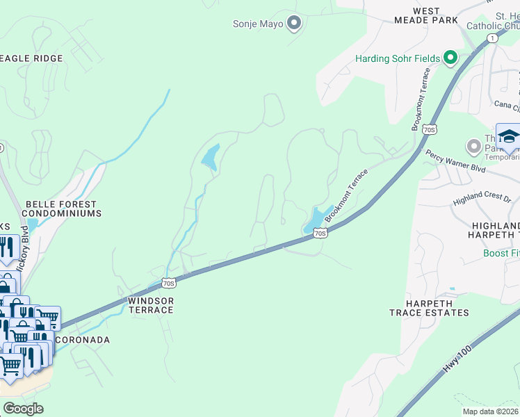 map of restaurants, bars, coffee shops, grocery stores, and more near 6820 Highway 70 South in Nashville