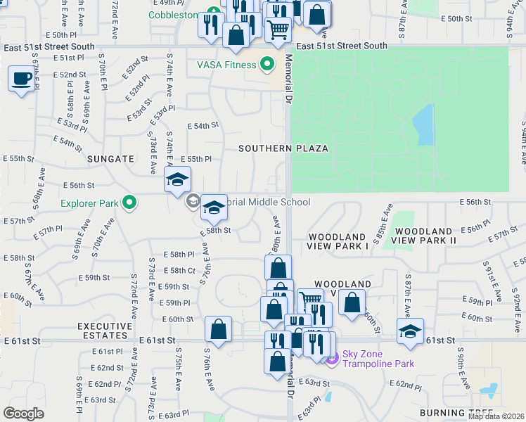 map of restaurants, bars, coffee shops, grocery stores, and more near 7950 East 57th Street in Tulsa