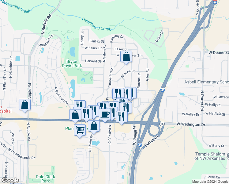 map of restaurants, bars, coffee shops, grocery stores, and more near 3207 West Montrail Place in Fayetteville