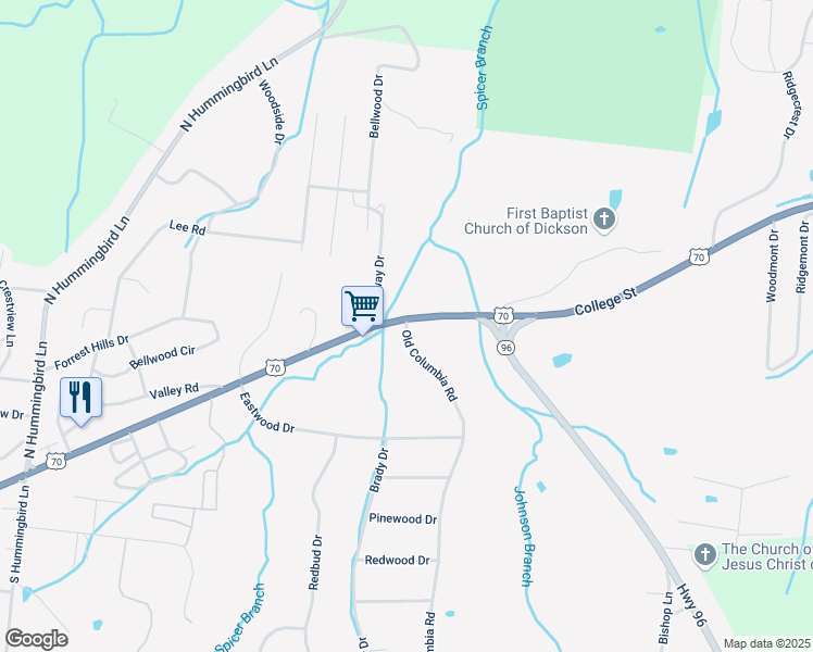 map of restaurants, bars, coffee shops, grocery stores, and more near 101 Old Columbia Road in Dickson