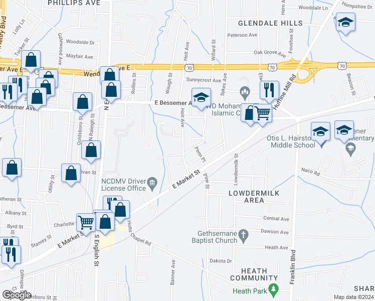 map of restaurants, bars, coffee shops, grocery stores, and more near 3401 Delancy Street in Greensboro