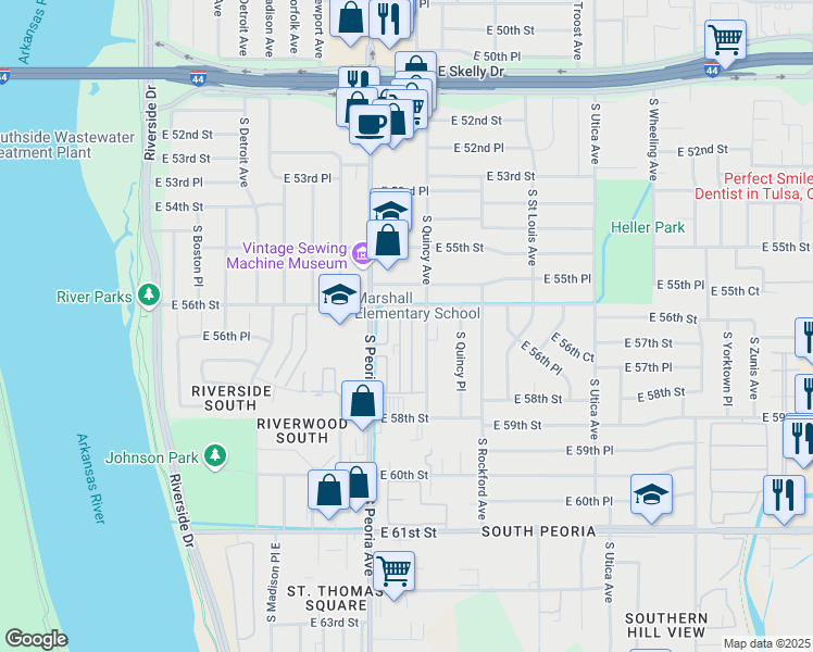 map of restaurants, bars, coffee shops, grocery stores, and more near 5619 South Quaker Avenue in Tulsa