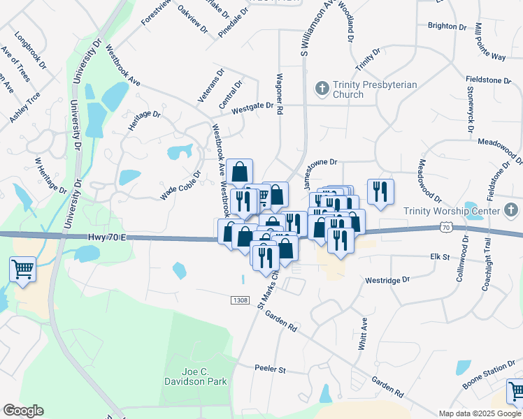 map of restaurants, bars, coffee shops, grocery stores, and more near 1690 Westbrook Avenue in Burlington