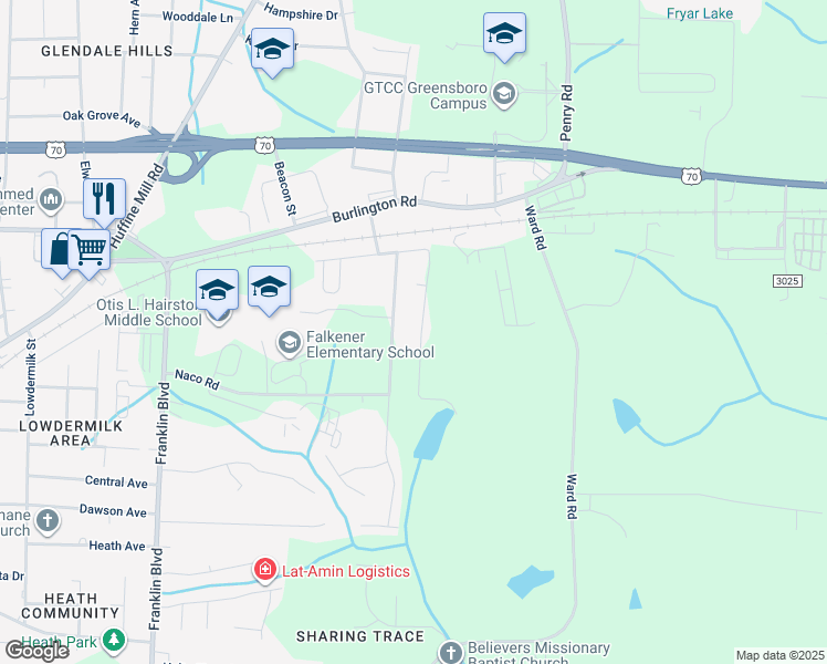 map of restaurants, bars, coffee shops, grocery stores, and more near 406 Murraylane Road in Greensboro