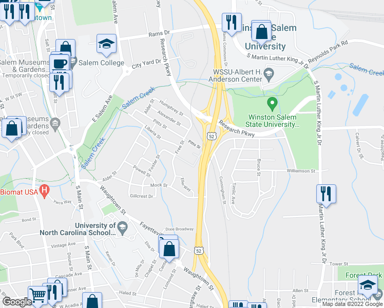 map of restaurants, bars, coffee shops, grocery stores, and more near 819 Pitts Street in Winston-Salem