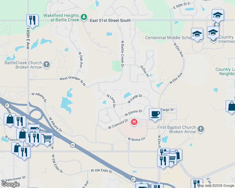 map of restaurants, bars, coffee shops, grocery stores, and more near 1204 West Fargo Lane in Broken Arrow