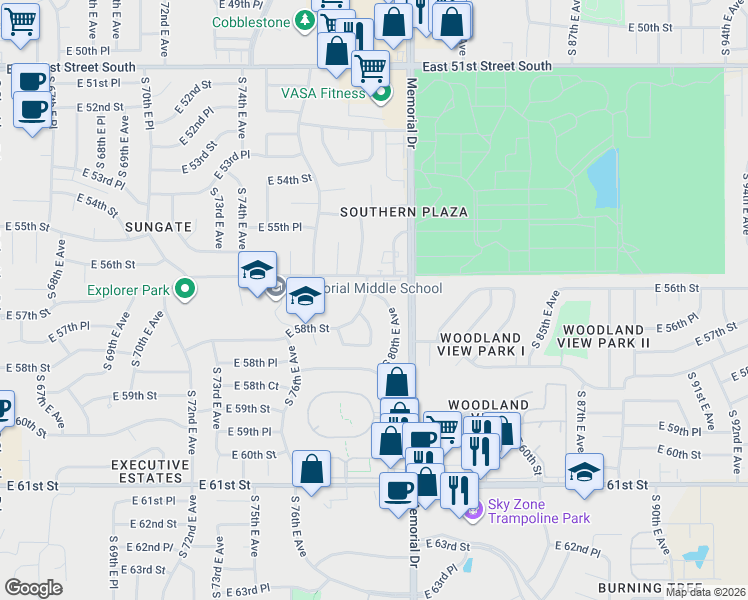 map of restaurants, bars, coffee shops, grocery stores, and more near 7950 East 57th Street in Tulsa