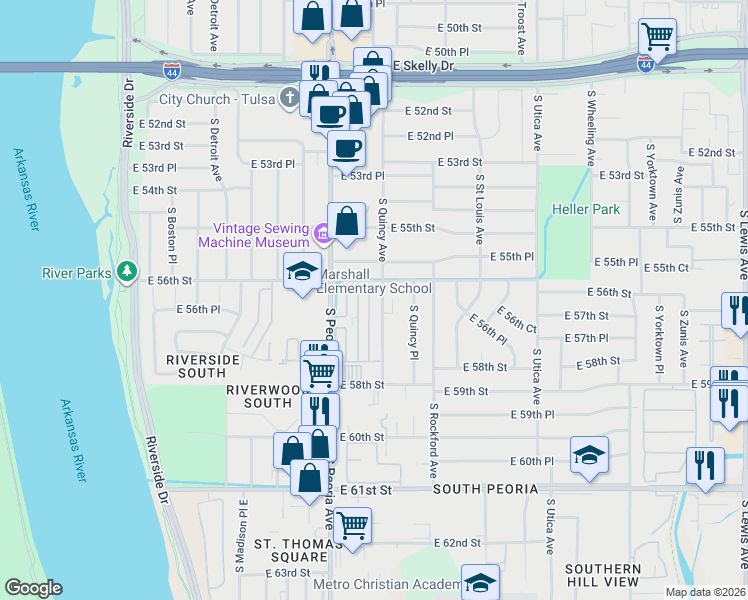 map of restaurants, bars, coffee shops, grocery stores, and more near 5608 South Quaker Avenue in Tulsa