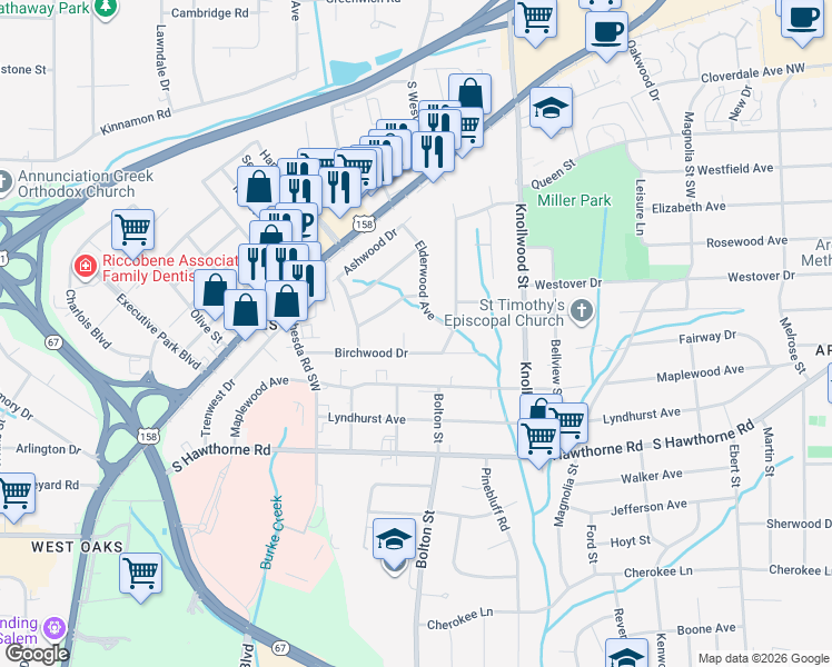map of restaurants, bars, coffee shops, grocery stores, and more near 748 Elderwood Avenue in Winston-Salem