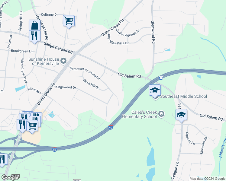 map of restaurants, bars, coffee shops, grocery stores, and more near 1325 Somerset Crossing Lane in Kernersville