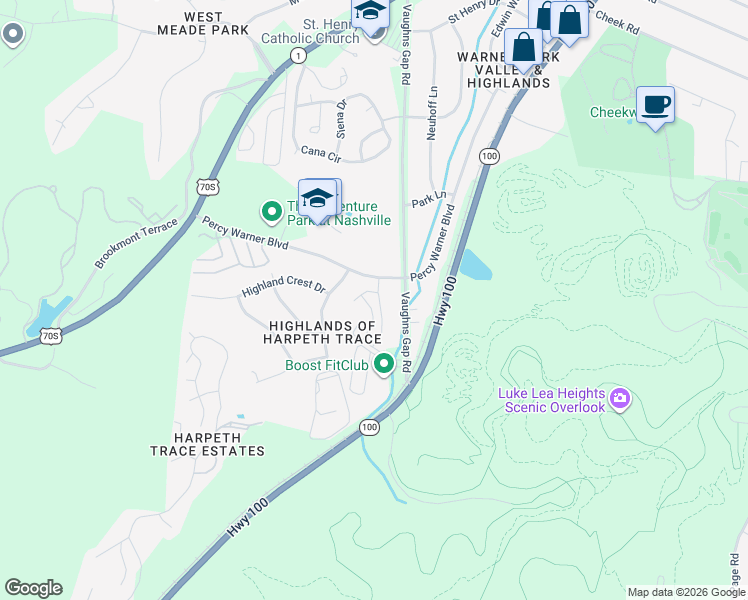 map of restaurants, bars, coffee shops, grocery stores, and more near 834 Percy Warner Boulevard in Nashville