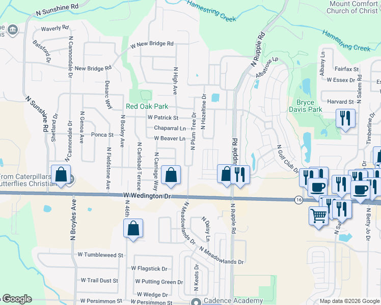 map of restaurants, bars, coffee shops, grocery stores, and more near 1407 North Plum Tree Drive in Fayetteville