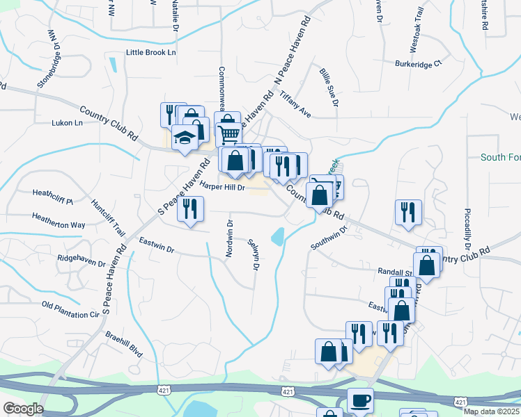 map of restaurants, bars, coffee shops, grocery stores, and more near 4925 Ryandale Road in Winston-Salem