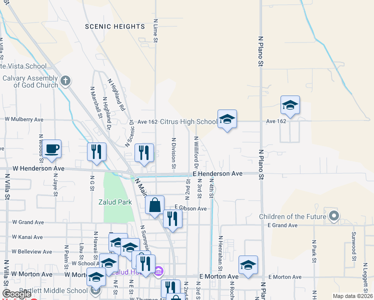 map of restaurants, bars, coffee shops, grocery stores, and more near 893 North 2nd Street in Porterville