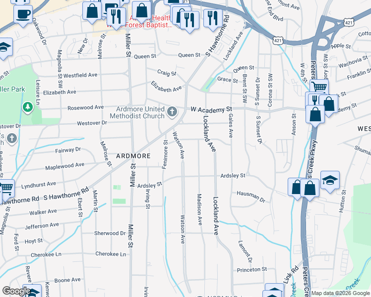 map of restaurants, bars, coffee shops, grocery stores, and more near 721 Watson Avenue in Winston-Salem