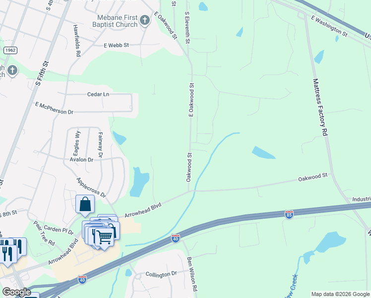 map of restaurants, bars, coffee shops, grocery stores, and more near 1000 Oakwood Street Extention in Mebane