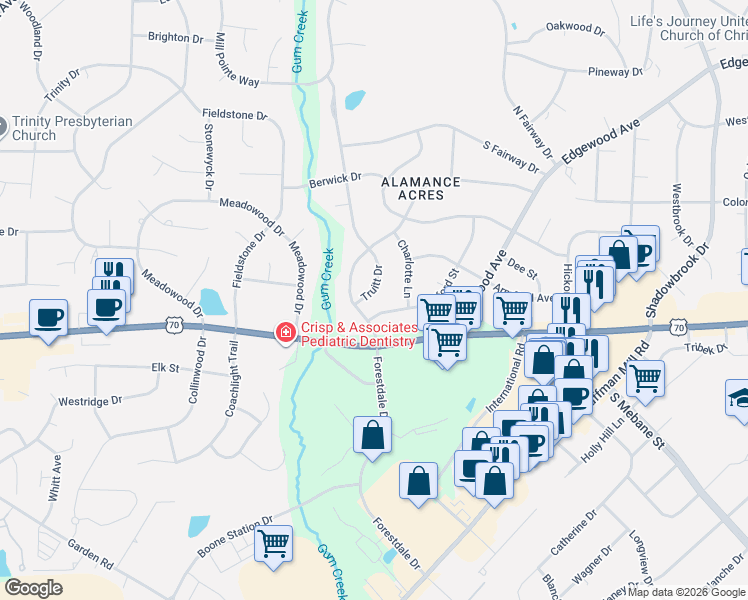 map of restaurants, bars, coffee shops, grocery stores, and more near 3120 Forestdale Drive in Burlington