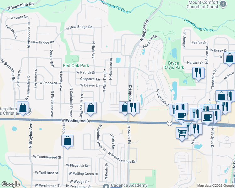 map of restaurants, bars, coffee shops, grocery stores, and more near 4133 West Monet Drive in Fayetteville