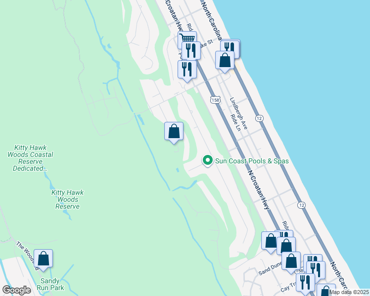 map of restaurants, bars, coffee shops, grocery stores, and more near 4537 Hilltop Lane in Kitty Hawk