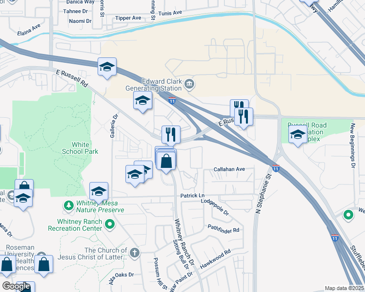 map of restaurants, bars, coffee shops, grocery stores, and more near 1050 Whitney Ranch Drive in Henderson