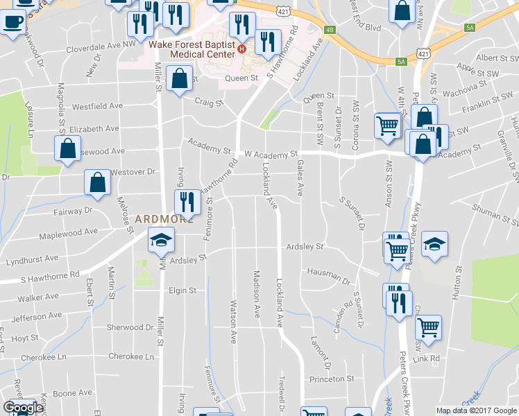 map of restaurants, bars, coffee shops, grocery stores, and more near 815 Madison Avenue in Winston-Salem