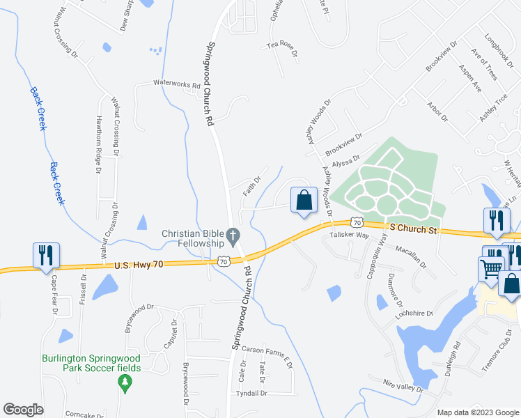 map of restaurants, bars, coffee shops, grocery stores, and more near Faith Drive in Gibsonville