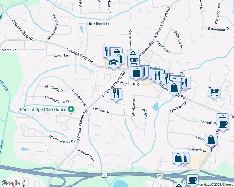 map of restaurants, bars, coffee shops, grocery stores, and more near 131 Chrisfield Circle in Winston-Salem