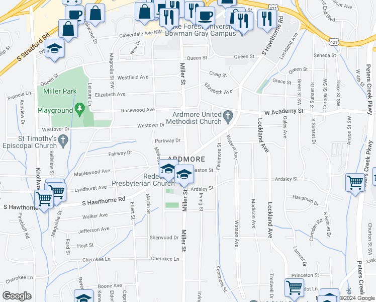 map of restaurants, bars, coffee shops, grocery stores, and more near 815 Miller Street in Winston-Salem