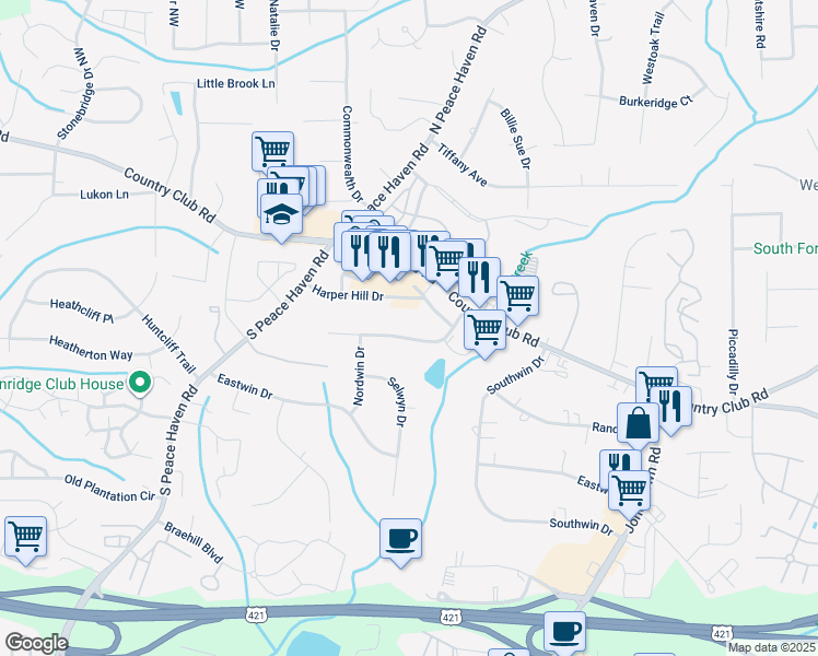map of restaurants, bars, coffee shops, grocery stores, and more near 4925 Ryandale Road in Winston-Salem
