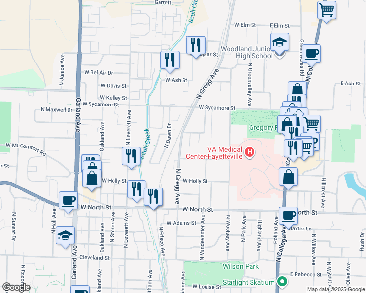 map of restaurants, bars, coffee shops, grocery stores, and more near 501 West Spruce Street in Fayetteville