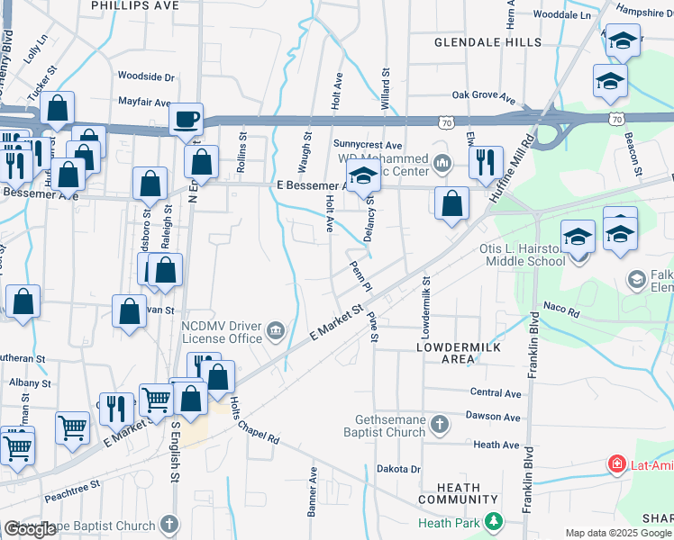 map of restaurants, bars, coffee shops, grocery stores, and more near 3403 Delancy Street in Greensboro