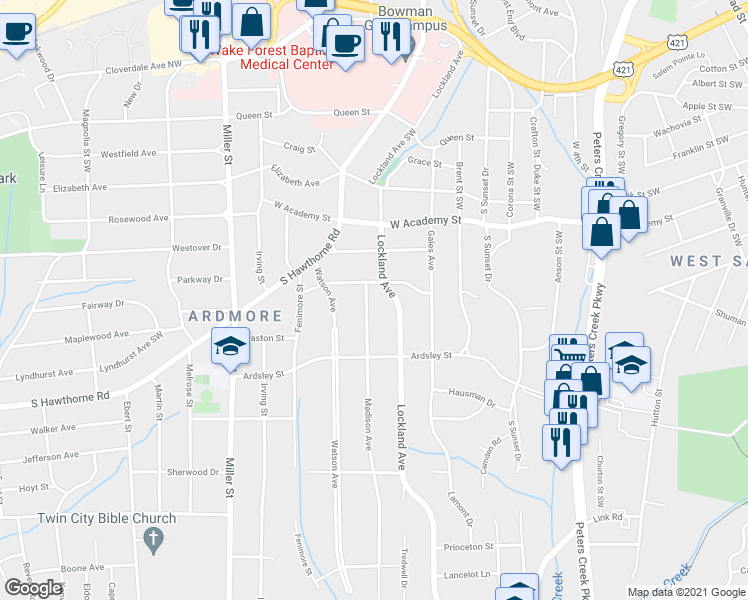 map of restaurants, bars, coffee shops, grocery stores, and more near 815 Madison Avenue in Winston-Salem