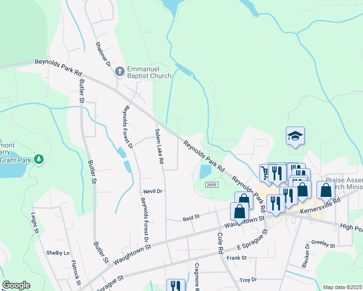 map of restaurants, bars, coffee shops, grocery stores, and more near 2835 Reynolds Park Road in Winston-Salem