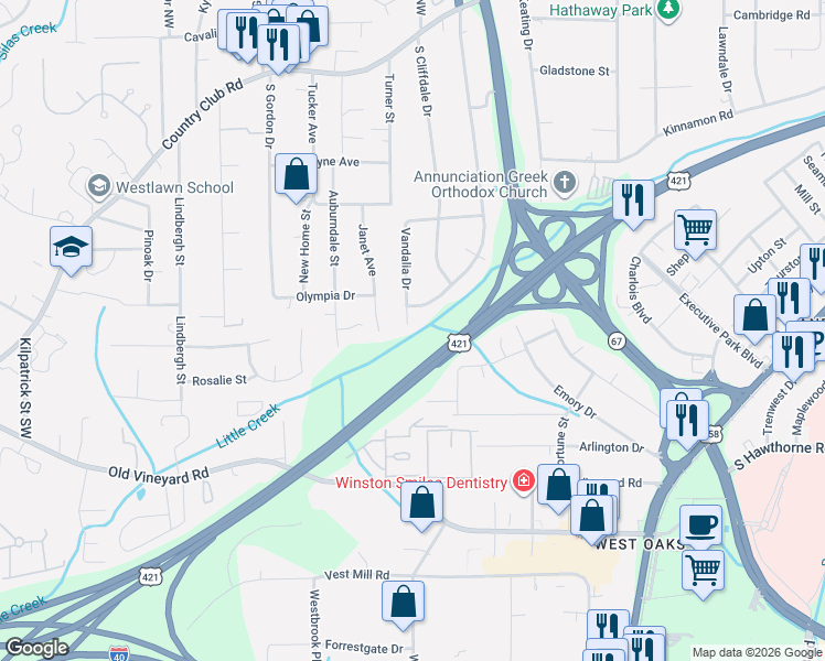 map of restaurants, bars, coffee shops, grocery stores, and more near 525 Harper Street in Winston-Salem