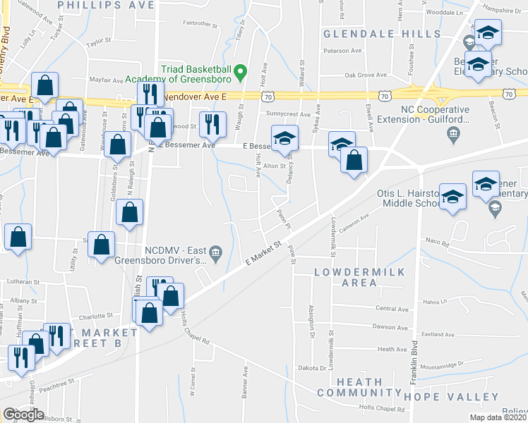 map of restaurants, bars, coffee shops, grocery stores, and more near 3403 Delancy Street in Greensboro