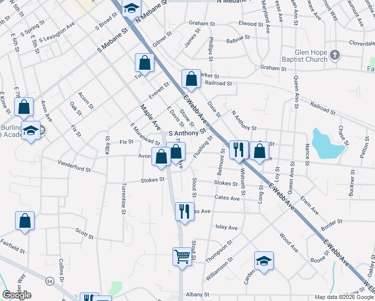 map of restaurants, bars, coffee shops, grocery stores, and more near 204 South Anthony Street in Burlington